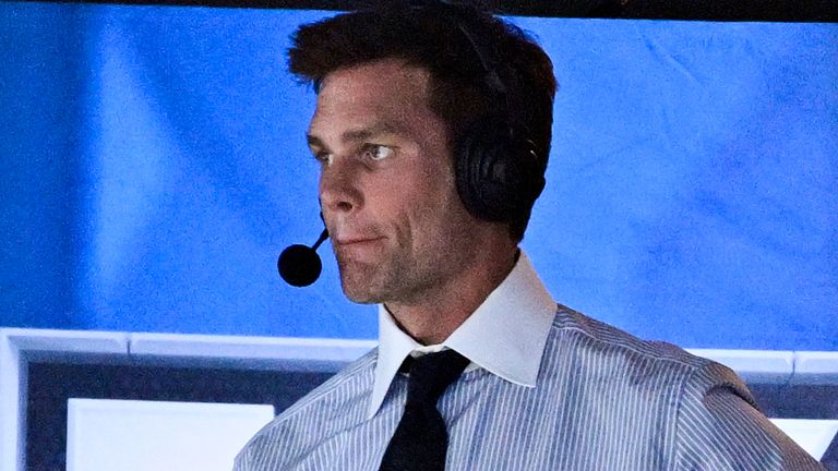 FILE - Former NFL quarterback Tom Brady looks on from the broadcast booth during the second half of an NFL football game between the Dallas Cowboys and the New Orleans Saints, Sunday, Sept. 15, 2024, in Arlington, Texas. (AP Photo/Jerome Miron, File)
