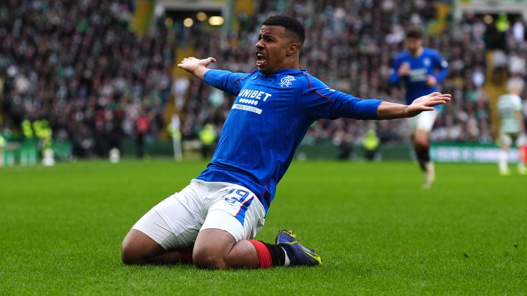 Rangers' Hamza Igamane celebrates scoring their side's third goal of the game during the William Hill Premiership match at Celtic Park, Glasgow. Picture date: Sunday March 16, 2025.