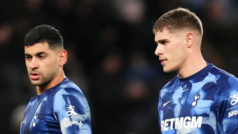 Tottenham Hotspur's Cristian Romero and Micky van de Ven warming up ahead of the Premier League match at the Tottenham Hotspur Stadium, London. Picture date: Sunday December 8, 2024.