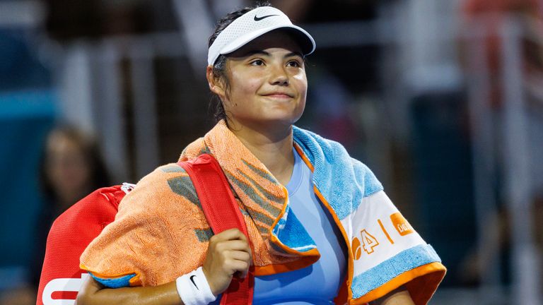 Emma Raducanu of Great Britain leaves the court after losing to Jessica Pegula of the United States in the quarter finals of the women's singles at the Miami Open at the Hard Rock Stadium on March 26, 2025 in Miami Gardens, Florida. (Photo by Frey/TPN/Getty Images)