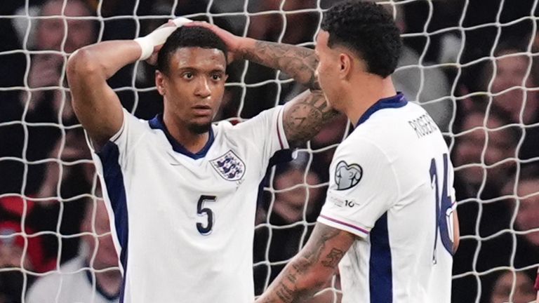 Ezri Konsa looks on as his chance to open the scoring for England against Latvia goes begging