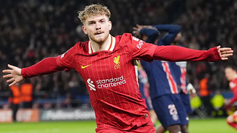 Liverpool's Harvey Elliott celebrates scoring the winning goal against Paris Saint-Germain