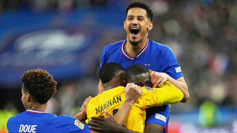 France players celebrate after winning the penalty shootout during the UEFA Nations League quarterfinal second leg soccer match between France and Croatia, at the Stade de France in Saint-Denis, outside Paris, Sunday, March 23, 2025. (AP Photo/Thibault Camus)