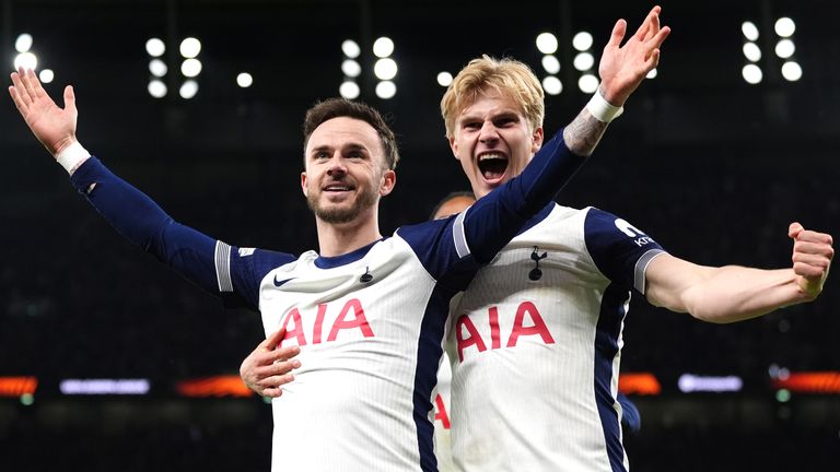 James Maddison celebrates putting Tottenham 2-0 up against AZ in the second leg