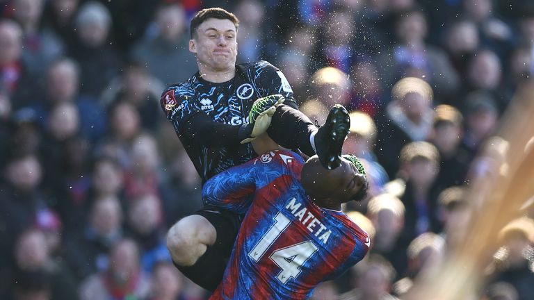 Millwall goalkeeper Liam Roberts kicks Jean-Philippe Mateta in the head with a high boot, leaving the Crystal Palace forward needing lengthly treatment