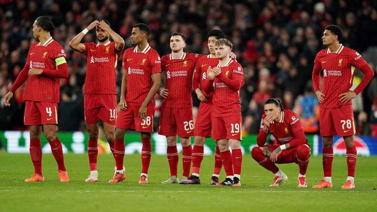 Liverpool's Darwin Nunez (second right) and team-mates react during the penalty shoot-out during the UEFA Champions League round of sixteen second leg match at Anfield, Liverpool