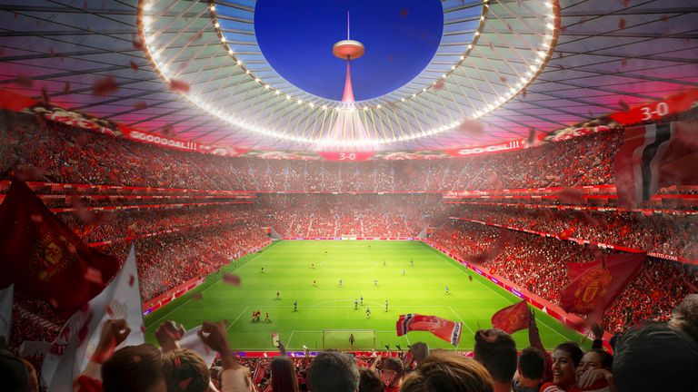 A computer-generated image, issued by Manchester United, showing an interior view of the planned 100,000-seater stadium. (Foster + Partner via AP)