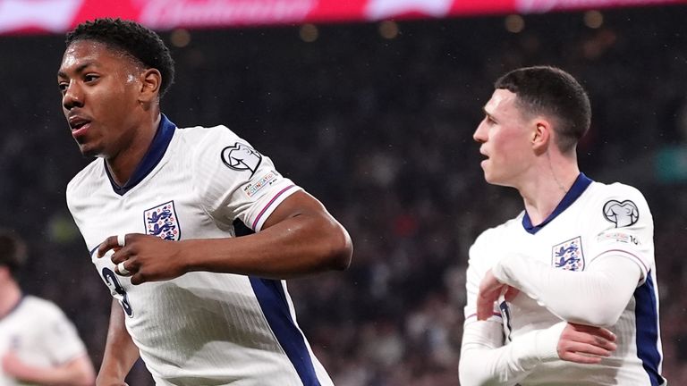 Myles Lewis-Skelly celebrates scoring his first England goal