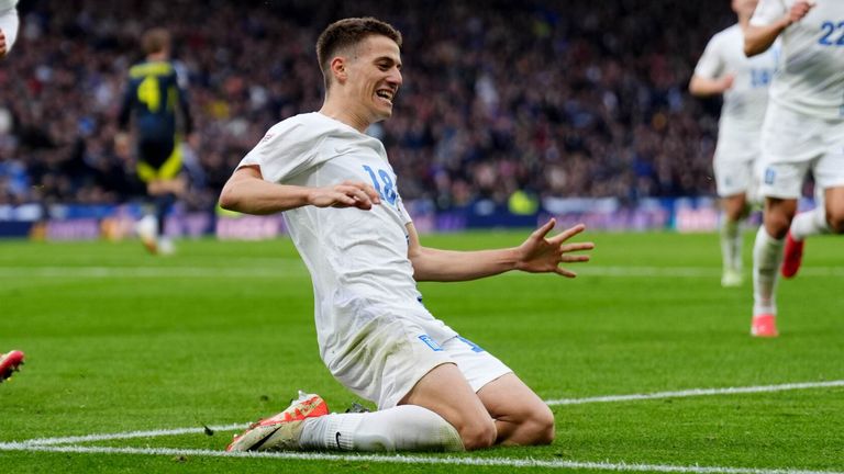 Giannis Konstantelias celebrates after scoring for Greece at Hampden Park