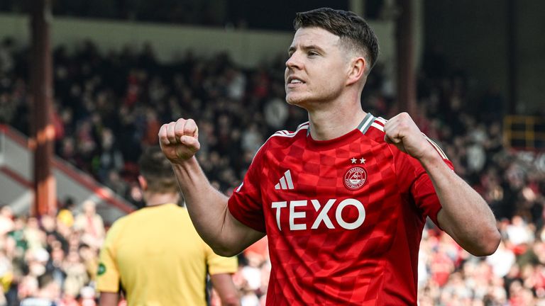 ABERDEEN, SCOTLAND - MARCH 08: Aberdeen's Kevin Nisbet celebrates as he scores to make it 1-0 during a Scottish Gas Scottish Cup Quarter-Final match between between Aberdeen and Queen's Park at Pittodrie Stadium, on March 08, 2025, in Aberdeen, Scotland. (Photo by Rob Casey / SNS Group)