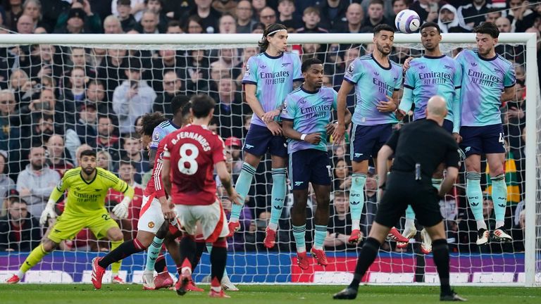 Bruno Fernandes opens the scoring for Manchester United against Arsenal