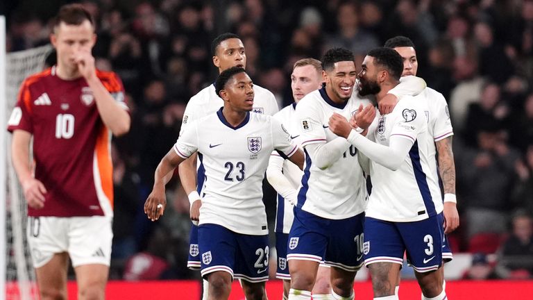 England's Reece James (right) celebrates with team-mate Jude Bellingham after scoring a free-kick against Latvia