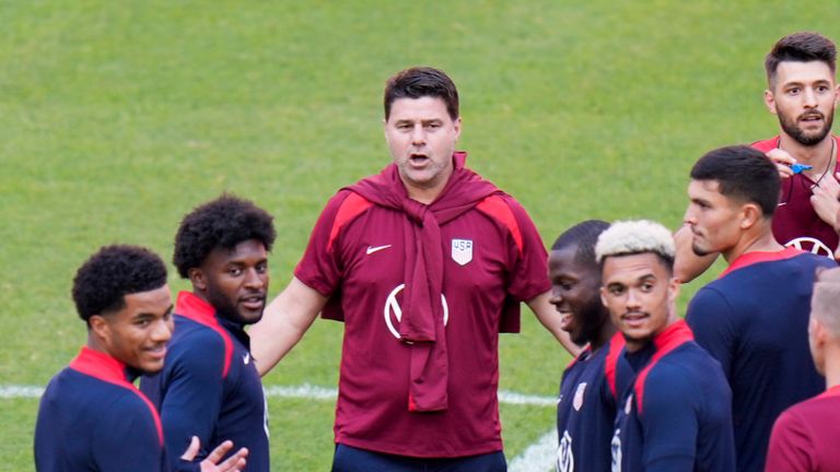 The United States' head coach Mauricio Pochettino, center, gives instructions during a training session ahead of an international friendly soccer match against Mexico, at Akron Stadium in Guadalajara, Mexico, Monday, Oct. 14, 2024. (AP Photo/Eduardo Verdugo)