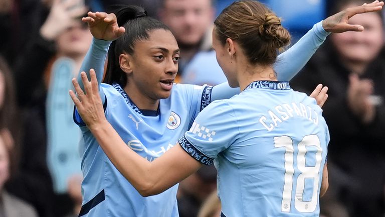 Kerolin Nicoli celebrates after giving Man City a first-half lead against Chelsea