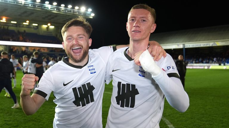 Birmingham's Alfie May (left) and Birmingham's Jay Stansfield celebrate promotion