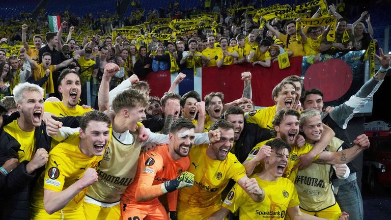 Glimt players celebrate after the Europe League quarter final second leg match between Lazio and Bodo Glimt in Rome, Italy, Thursday, April 17, 2025. (AP Photo/Alessandra Tarantino)