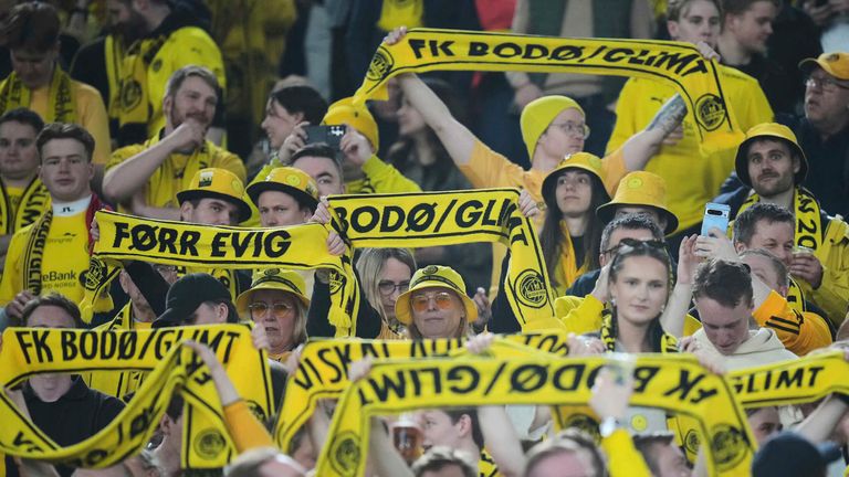Glimit fans cheer before the Europe League quarter final second leg match between Lazio and Bodo Glimt in Rome, Italy, Thursday, April 17, 2025. (AP Photo/Alessandra Tarantino)