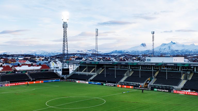 BODO, NORWAY - FEBRUARY 22: General view inside the stadium during sunset prior to the UEFA Europa Conference League 2023/24 knockout round play-offs second leg match between FK Bodo/Glimt and AFC Ajax at Aspmyra Stadion on February 22, 2024 in Bodo, Norway. (Photo by Matt McNulty - UEFA/UEFA via Getty Images)