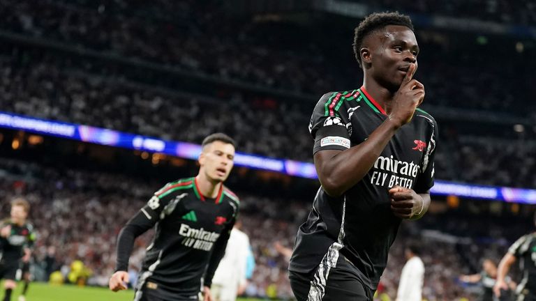 Bukayo Saka celebrates putting Arsenal 1-0 up against Real Madrid at the Bernabeu, increasing their aggregate advantage to 4-0