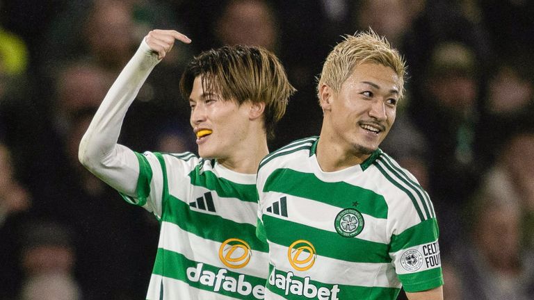 GLASGOW, SCOTLAND - NOVEMBER 02: Celtic's Kyogo Furuhashi celebrates with Daizen Maeda after scoring to make it 2-0 during a Premier Sports Cup semi-final match between Celtic and Aberdeen at Hampden Park, on November 02, 2024, in Glasgow, Scotland. (Photo by Craig Foy / SNS Group)