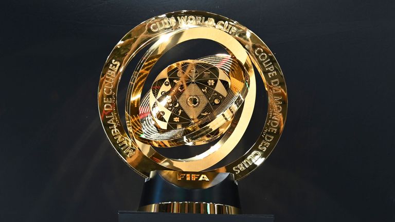 24 March 2025, Bavaria, Munich: The FIFA Club World Cup 2025 trophy can be seen during the "Trophy Tour" at FC Bayern World. At the FIFA Club World Cup 2025, the best club teams in the world will play out their champion in the USA from June 15 - July 13, 2025. FC Bayern is also represented in the field of participants. Photo by: Leonie Asendorpf/picture-alliance/dpa/AP Images