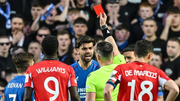 Rangers' Robin Propper is shown a red card for a foul on Athletic Club's Inaki Williams 
