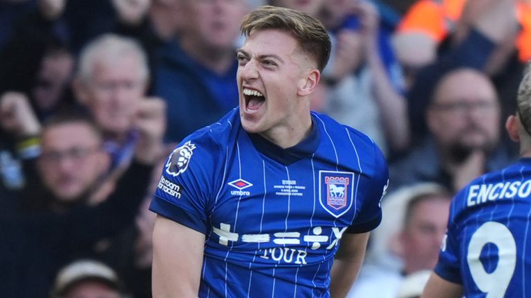 Ipswich Town's Liam Delap celebrates scoring against Wolves