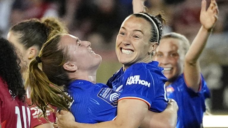 Chelsea's Lucy Bronze celebrates scoring against Manchester United