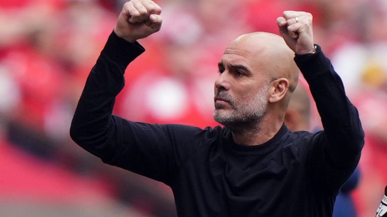 Pep Guardiola celebrates Man City's early goal against Nottingham Forest in the FA Cup semi-final at Wembley