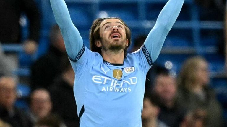Jack Grealish celebrates after giving Man City an early lead against Leicester