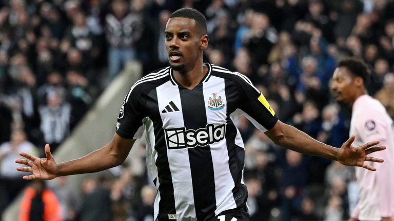Alexander Isak celebrates after giving Newcastle the lead against Brentford on the stroke of half-time