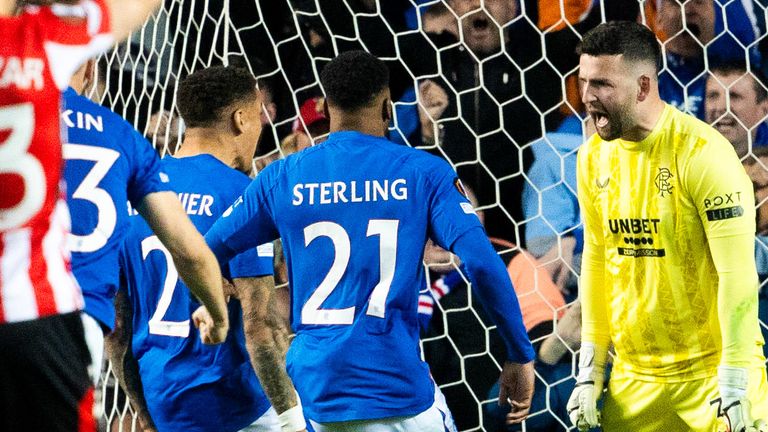 Rangers goalkeeper Liam Kelly celebrates saving a penalty from Athletic Club's Alex Berenguer