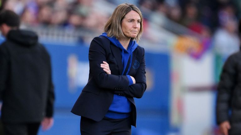 Sonia Bompastor reacts on the sidelines during Chelsea's 4-1 defeat to Barcelona 