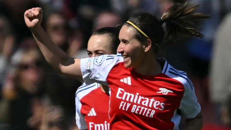 Mariona Caldentey celebrates after scoring Arsenal's equaliser from the penalty spot
