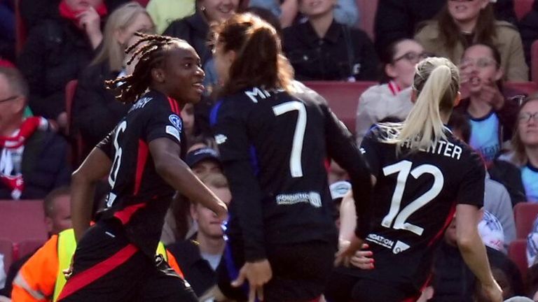 Melchie Dumornay celebrates after restoring Lyon's lead at the Emirates