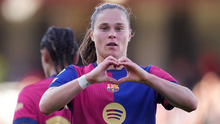 Ewa Pajor celebrates after scoring Barcelona's opening goal against Chelsea