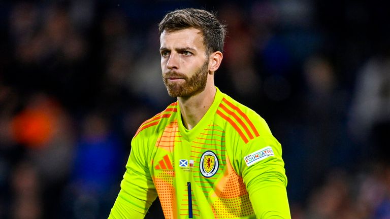GLASGOW, SCOTLAND - SEPTEMBER 05: Scotland's Angus Gunn during a UEFA Nations League - League A Group 1 match between Scotland and Poland at Hampden Park, on September 05, 2024, in Glasgow, Scotland. (Photo by Rob Casey / SNS Group)