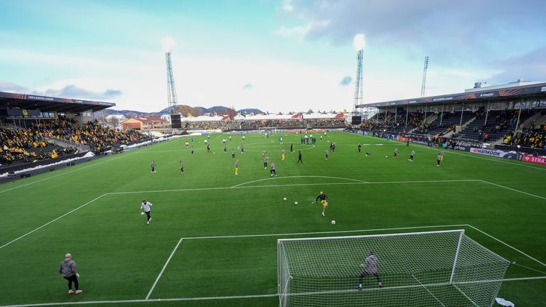 Players warm up before the start of the first leg quarter-final match of the UEFA Europa League between Bod../Glimt and Lazio at Aspmyra Stadium in Bodo, Norway, Thursday March 13, 2025. (Lise ..serud/NTB Scanpix via AP)