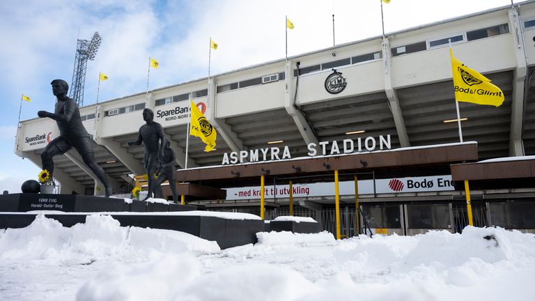 BODO, NORWAY - APRIL 10: General view of the stadium ahead of the UEFA Europa League 2024/25 Quarter Final First Leg match between FK Bodo/Glimt and S.S. Lazio at Aspmyra Stadion on April 10, 2025 in Bodo, Norway. (Photo by David Lidstrom - UEFA/UEFA via Getty Images)