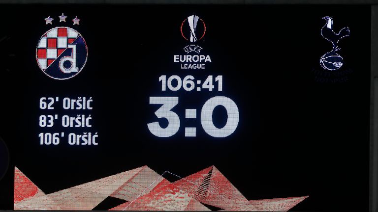 The stadium screen displays the result during the Europa League round of 16 second leg soccer match between Dinamo Zagreb and Tottenham Hotspur at the Maksimir stadium in Zagreb, Croatia, March 18, 2021. (AP Photo/Darko Bandic)