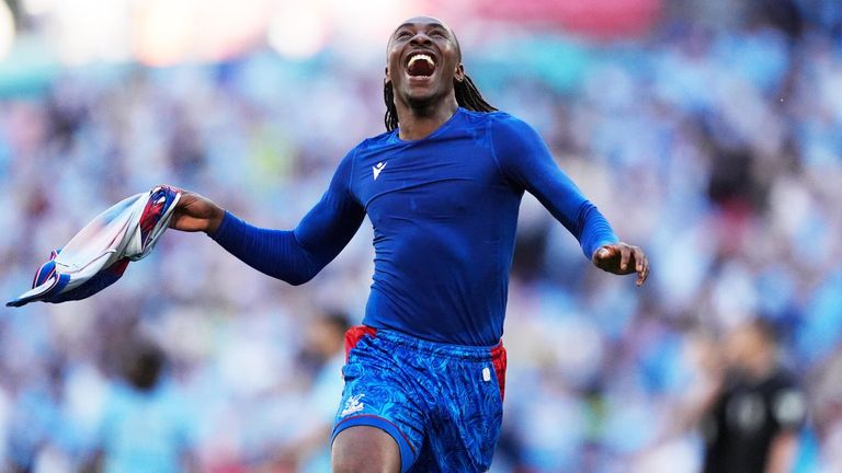 Eberechi Eze celebrates at full-time after scoring the winner in the FA Cup final