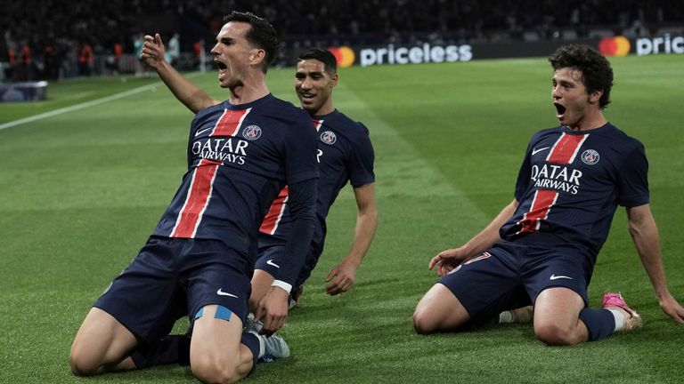 PSG's Fabian Ruiz celebrates after scoring his side's opening goal the Champions League semifinal, second leg soccer match between Paris Saint-Germain and Arsenal at the Parc des Princes in Paris, Wednesday, May 7, 2025. (AP Photo/Aurelien Morissard)