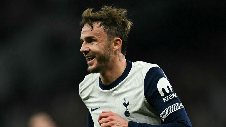 James Maddison celebrates scoring Tottenham's second goal against Bodo/Glimt