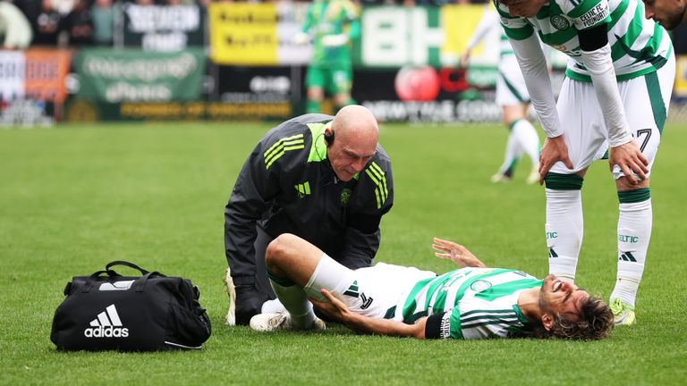 DUNDEE, SCOTLAND - APRIL 26: Celtic's Jota is forced off with a first half injury during a William Hill Premiership match between Dundee Utd and Celtic at the CalForth Construction Arena at Tannadice Park, on April 26, 2025, in Dundee, Scotland. (Photo by Craig Williamson / SNS Group)
