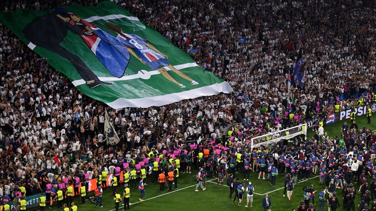 MUNICH, GERMANY - MAY 31: Fans of Paris Saint-Germain display a banner in tribute to Xana Martinez, Daughter of Luis Enrique, who passed awa