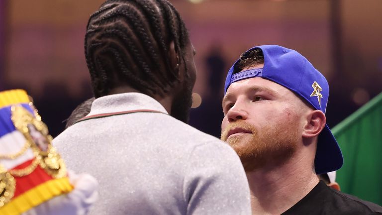 Terence Crawford faces off with Canelo Alvarez in the ring