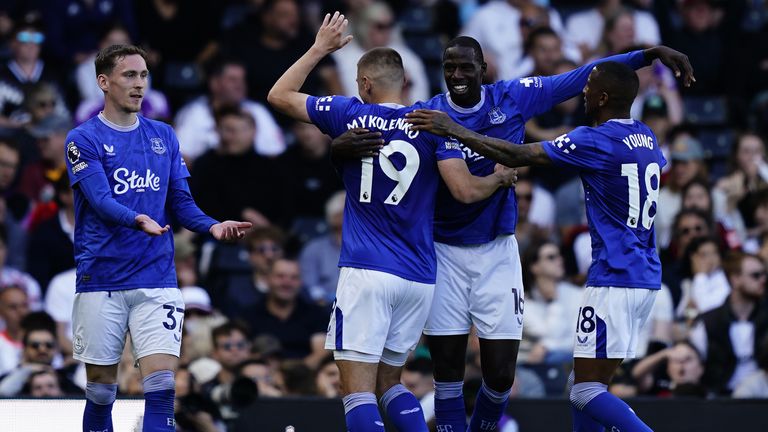 Everton's Vitaliy Mykolenko (second from left) celebrates scoring their  leveller