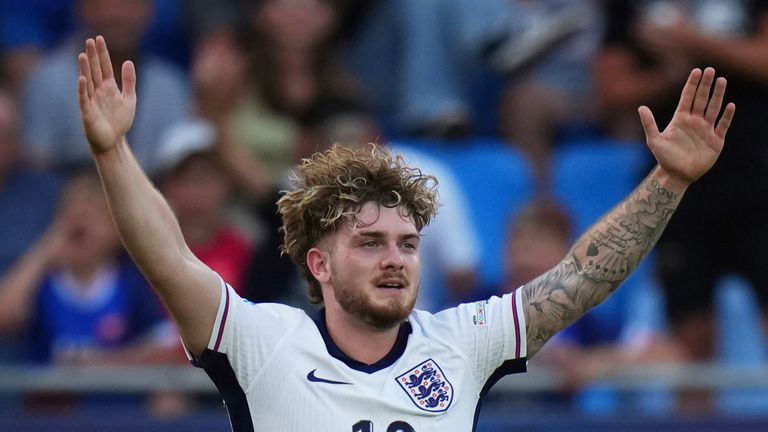 England's Harvey Elliott celebrates after scoring the opening goal during the semi final soccer match between England and the Netherlands at the European U-21 Championship at the National football stadium in Bratislava, Slovakia, Wednesday, June 25, 2025. (AP Photo/Petr David Josek)