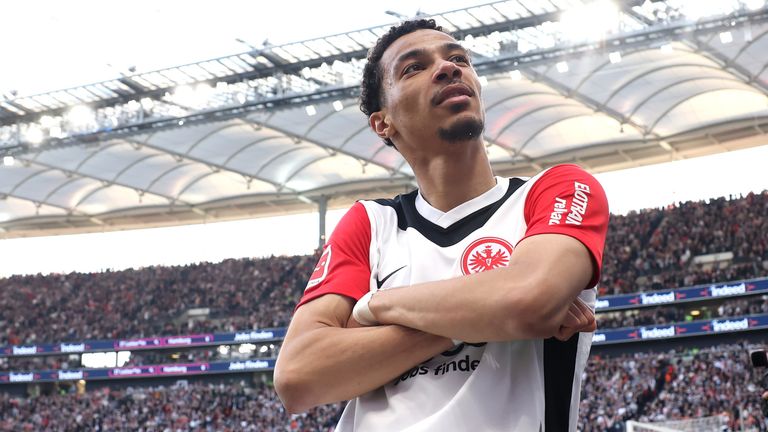 Hugo Ekitike of Eintracht Frankfurt celebrates scoring his team's third goal during the Bundesliga match between Eintracht Frankfurt and 1. 