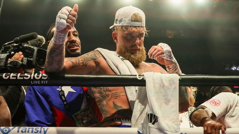 Jake Paul celebrates after his cruiserweight boxing match against Julio Cesar Chavez Jr. on Saturday, June 28, 2025, in Anaheim, Calif. (AP Photo/Etienne Laurent)